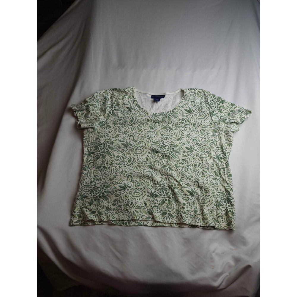 Karen Scott Paisley Floral T-Shirt White Green Women's Size XL